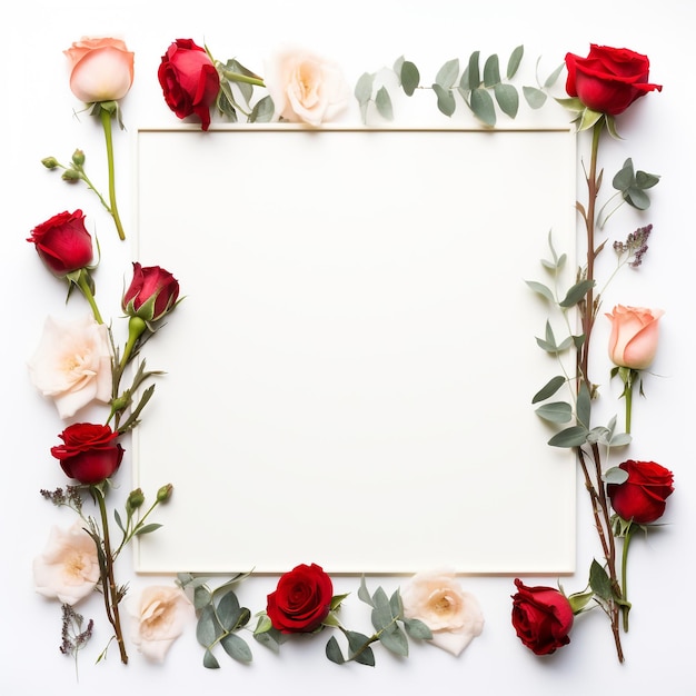 border frame with red and beige rose flower buds