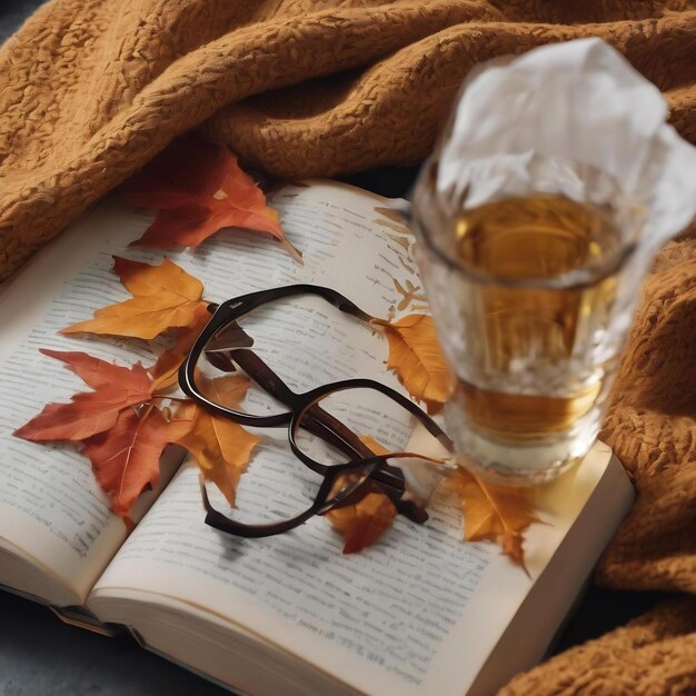 Border from blanket and leaves near book and glasses