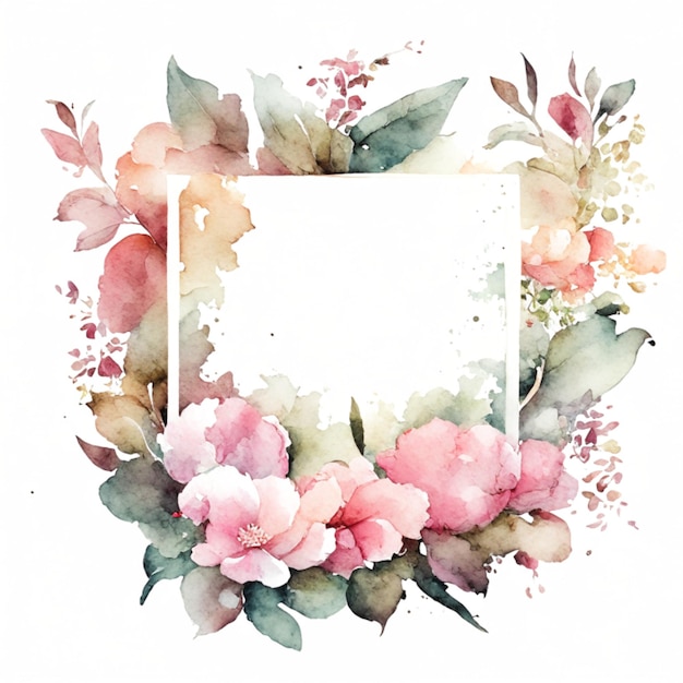 The border is a wedding greeting illustration of pink flower and green leaves Generative AI