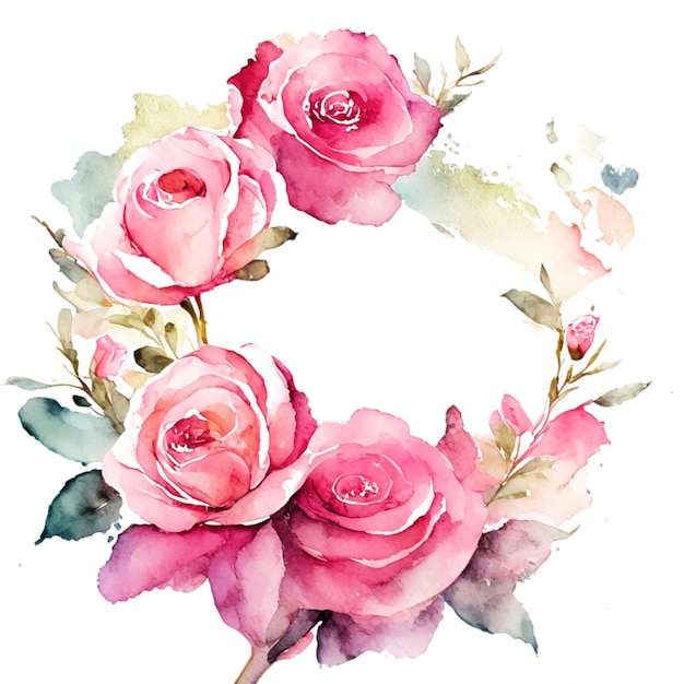 The border is a weddinggreeting illustration of pink roses and green leaves Generative AI