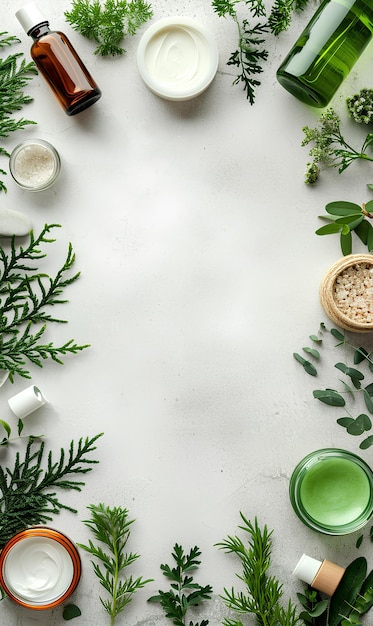 Photo border of plastic packaging and bottles with natural organic cosmetics on the light background