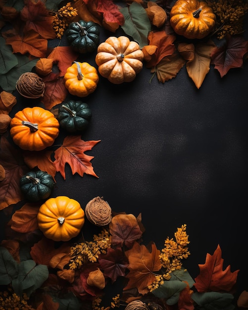 A border of pumpkins with fall leaves and a black background.