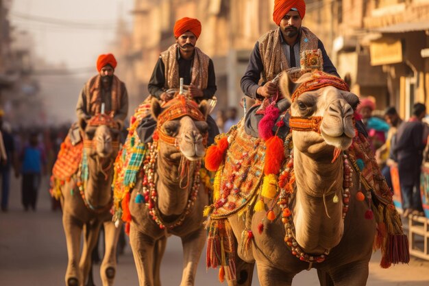 Photo border security people ride camels for desert festival