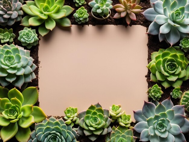 A border of vibrant green succulents surrounding an empty canvas