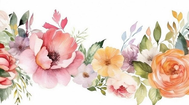 Border of watercolor flower floral natural elements on transparent background