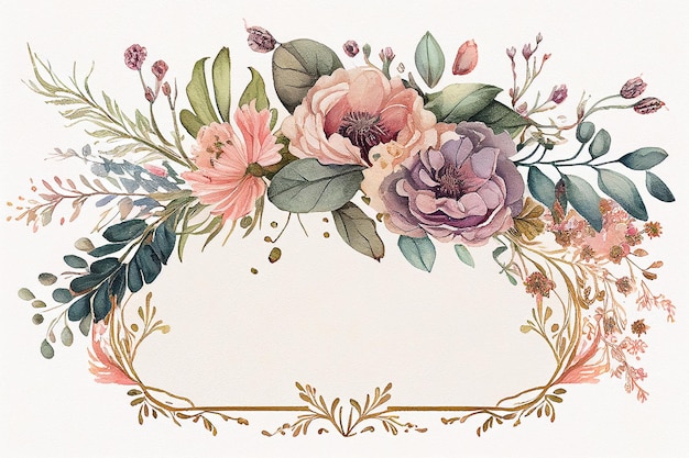 Border watercolor rose flowers background with space for text wedding design Generative AI