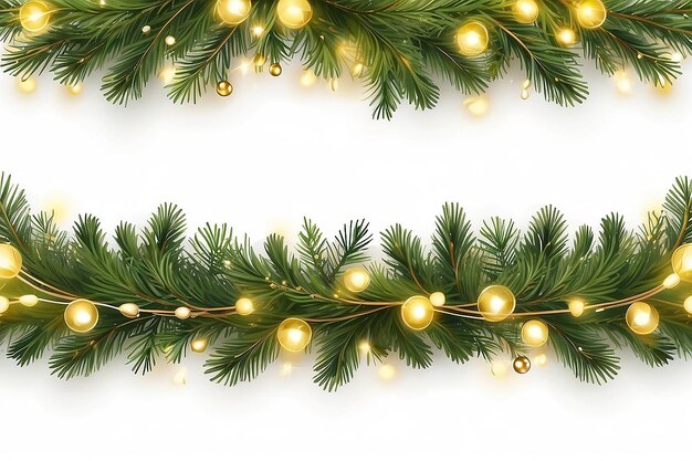 Border with green fir branches gold lights isolated on transparent background