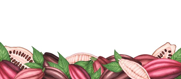 콩과 잎이 있는 잘 익은 코코아 꼬투리와 테두리 포장 템플릿 메뉴 포스터에 대한 수채화 배너 그림
