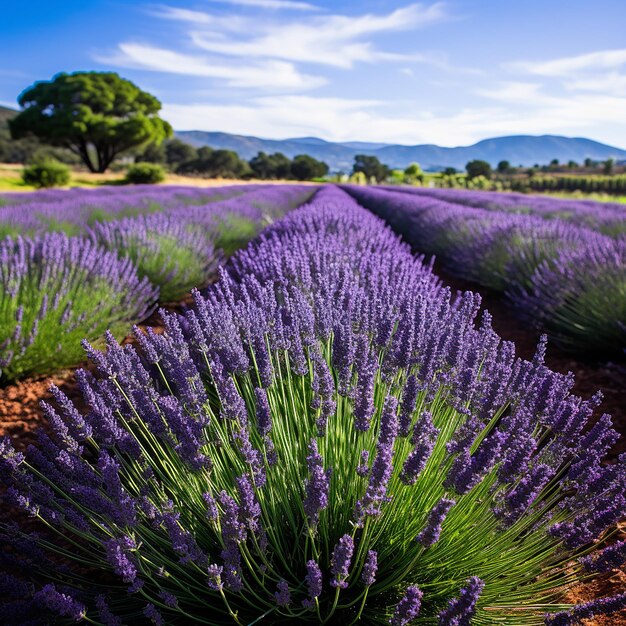 Foto bordati da file di cespugli profumati fiori di lavanda appaiono in viola