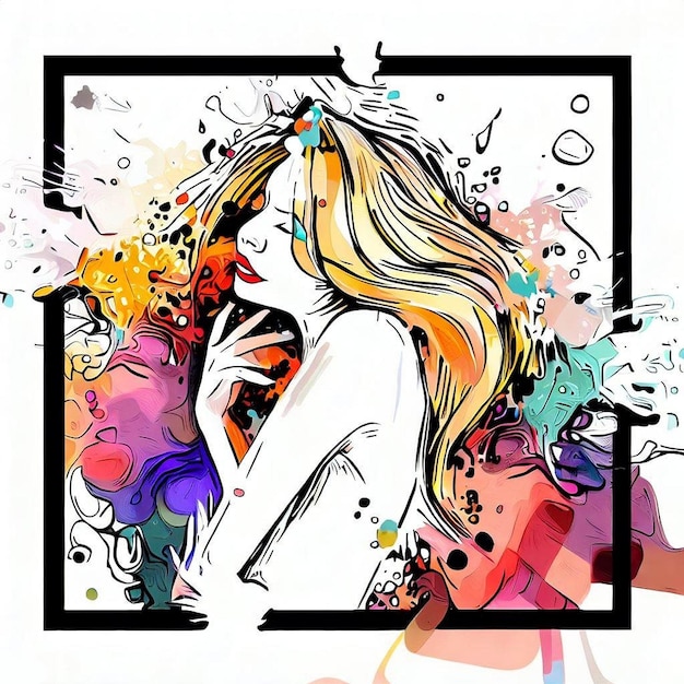 Borderless Expression Woman's Act in Mixed Style Line Art with Pop Art Splashes Inside a White Pict