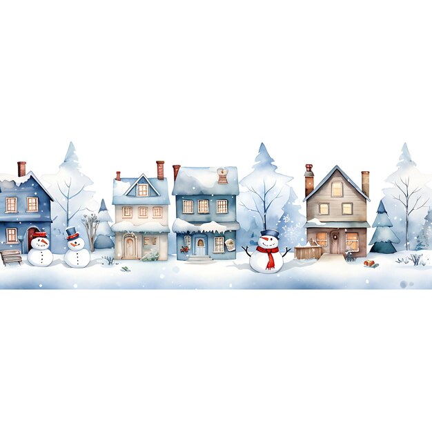 写真 可愛い雪だるまと家を持つ快適な冬の村の境界線 フロスティ・ブルー・フラット 2dアート・デジタル