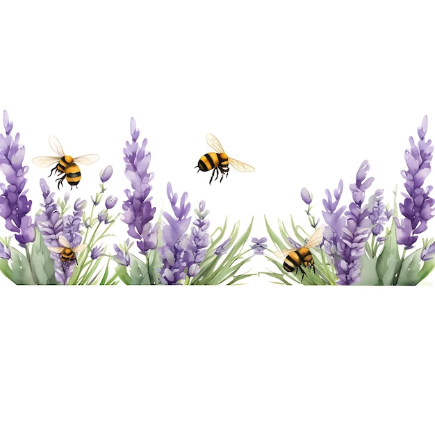 Фото Границы безмятежного лавандового поля с очаровательными пчелами успокаивающая тень плоский 2d art digital