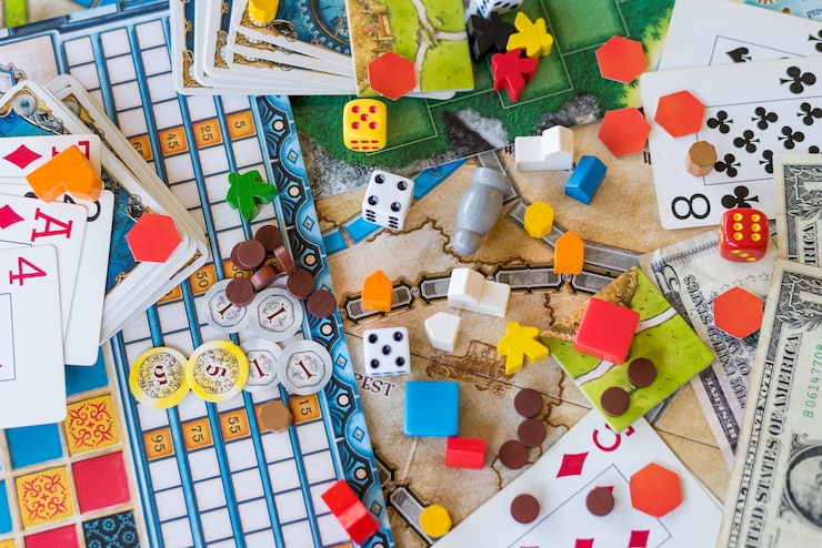 Foto bordspellen, munten, biljetten, dobbelstenen en kaarten