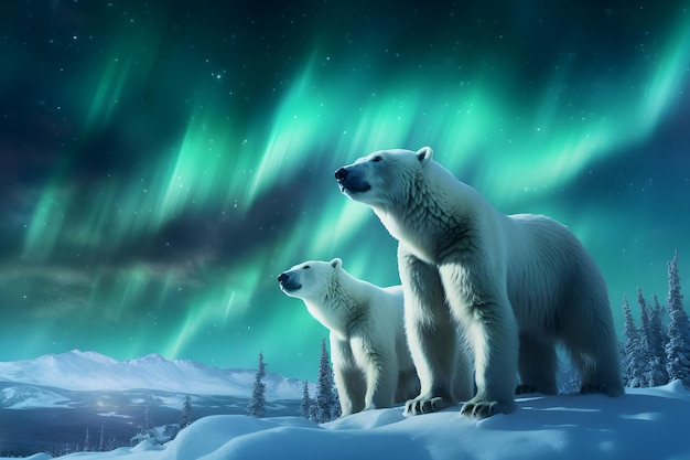 северное сияние с белыми медведями кинематографический свет hdr