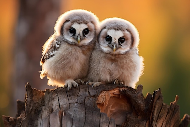 Boreal owl chicks cuddling on a stump in Alberta Canada Generative Ai