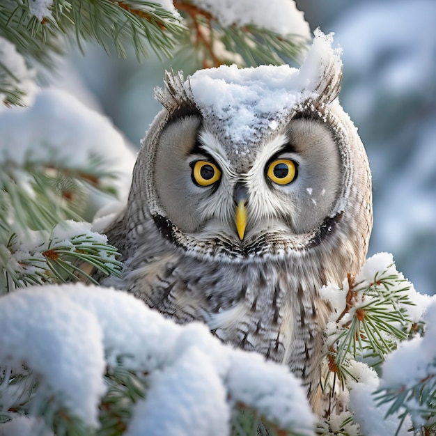 Boreal Owl in Winters Embrace Among Frosted Pines