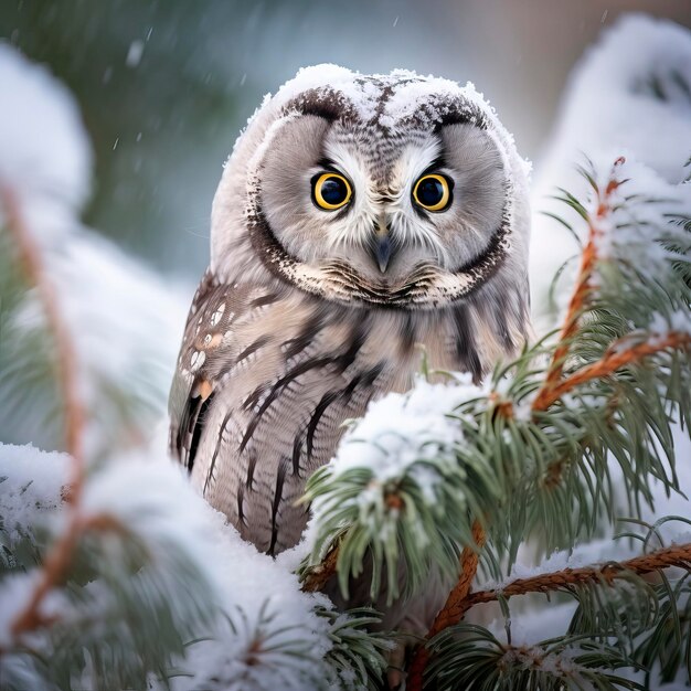 Boreal Owl in Winters Embrace Among Frosted Pines