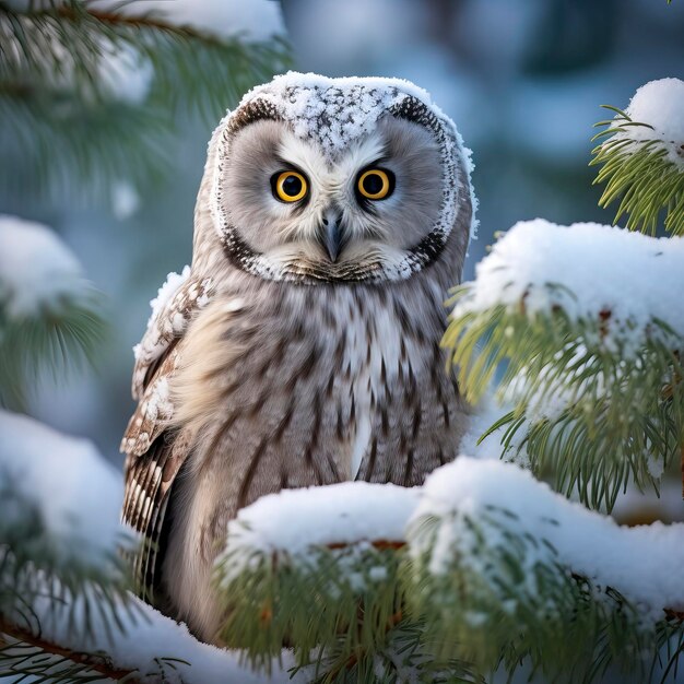 Boreal Owl in Winters Embrace Among Frosted Pines