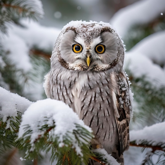 Boreal Owl in Winters Embrace Among Frosted Pines