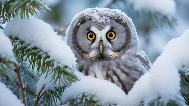 Boreal Owl in Winters Embrace Among Frosted Pines