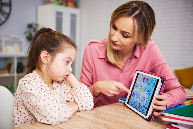 bored girl and her mother studying with technology at home