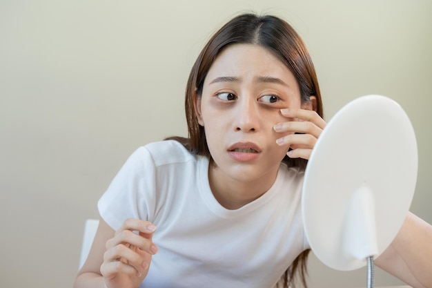 Photo bored insomnia asian young woman girl looking at mirror without makeup touch under eyes with problem of dark circles puffiness swollen or wrinkles on face sleepless sleepy people copy space