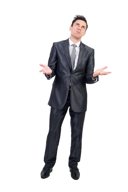 Bored man in formal suit White background