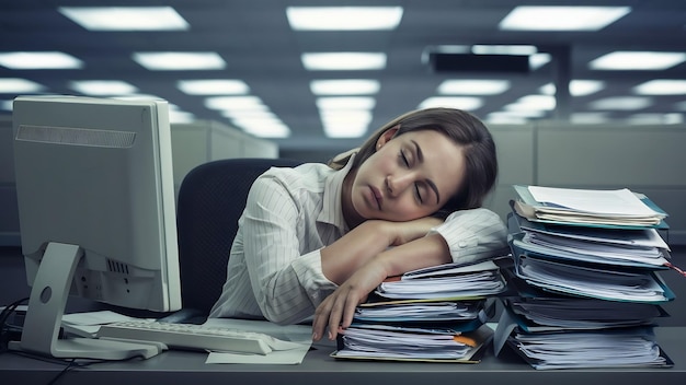 Bored woman sleeping at workplace