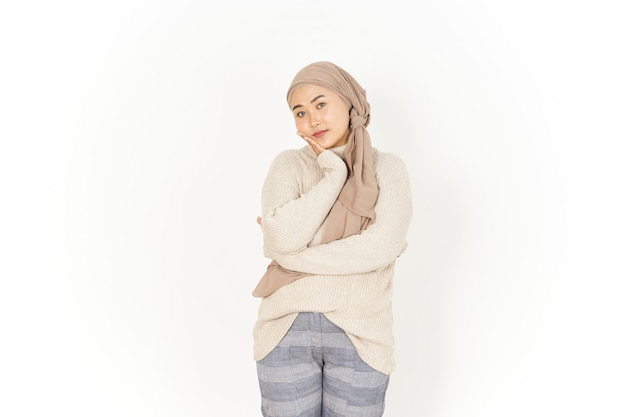 Boring Gesture of Beautiful Asian Woman Wearing Hijab Isolated On White Background
