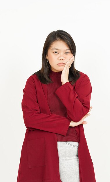 Boring Gesture Of Beautiful Asian Woman Wearing Red Shirt Isolated On White Background