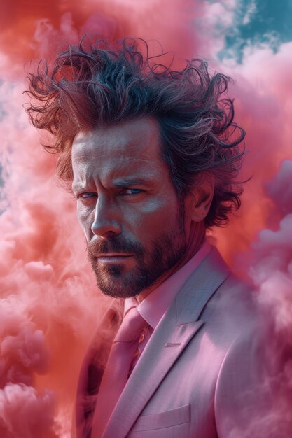 Boring serious man in pink smoke