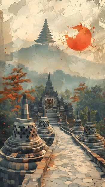 Photo borobudur temple in indonesia with stone texture batik colla illustration trending background decor