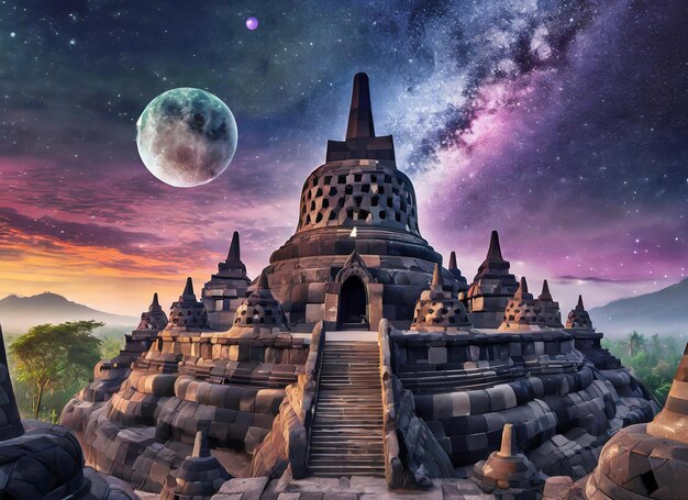 A Borobudur temple with a moon and stars in the background