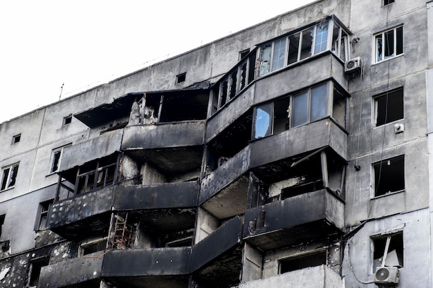 Borodianka Kyiv region Ukraine May 26 2022 destroyed burned civilian houses in Borodianka city Ukrainian losses effects from Russian war conflict Consequences of Russian Attacks on Ukraine