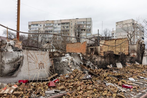 BORODYANKA UKRAINE APR 06 2022 War in Ukraine Chaos and devastation on the streets of Borodyanka as a result of the attack of Russian invaders