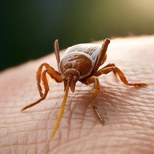 Borrelia infected tick insect crawling on skin dermacentor reticulatus