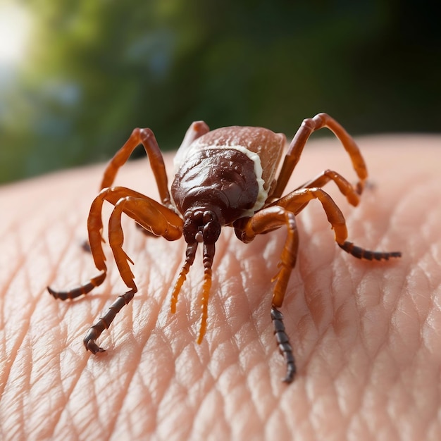 Borrelia infected tick insect crawling on skin dermacentor reticulatus