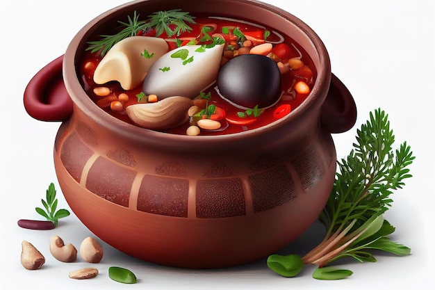 Borsch in a bread pot with mushrooms and beans vegetarian dish on white background Generative Ai