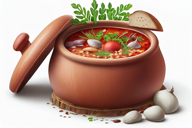 Borsch in a bread pot with mushrooms and beans vegetarian dish on white background Generative Ai