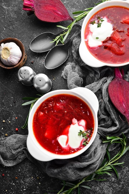 BorschSup of beet and vegetables Ukrainian traditional food Top view Free space for your text