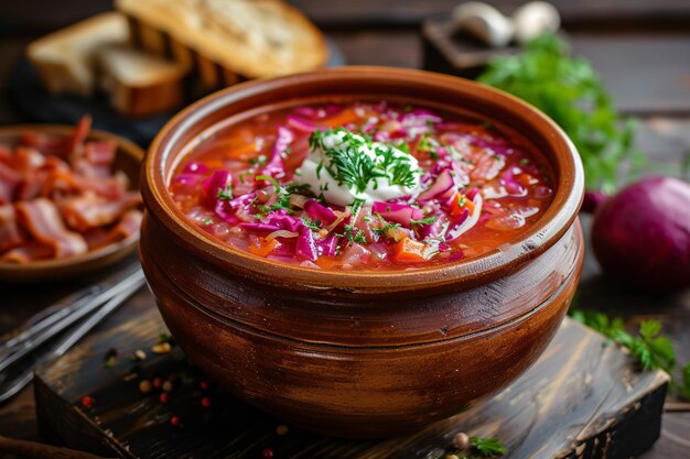 Foto borscht een warme soep gemaakt van beet kool en wortels geserveerd in een klei schotel met zure room roggebrood en spek