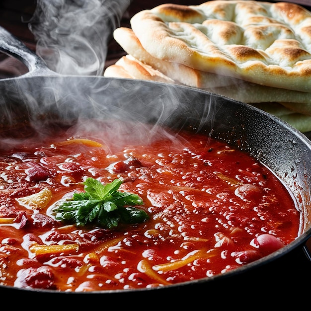 Photo borscht in a frying pan with fresh flatbreads