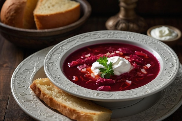 Foto borscht guarnito con un pizzico di crema acida