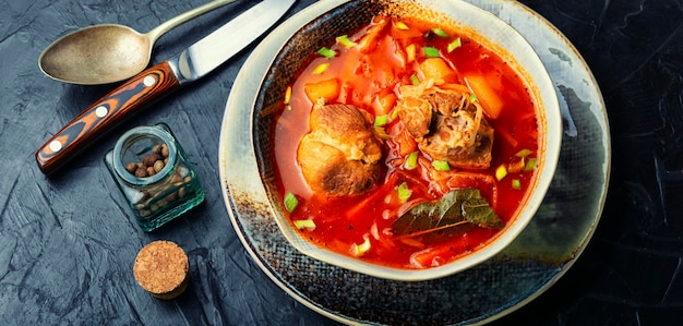 Borscht  hot soup based on beets and meat Red borscht traditional dish of Ukrainian cuisine