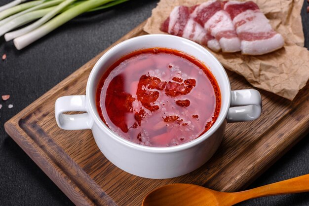 Borscht traditional Ukraine soup made of beetroot tomato cabbage carrot and beef