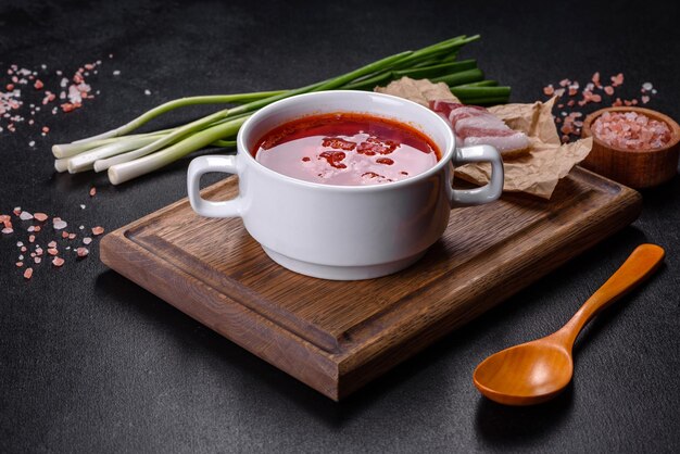 Borscht traditional Ukraine soup made of beetroot tomato cabbage carrot and beef