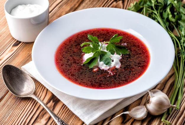 Borscht on a wooden table with garlic and sour cream