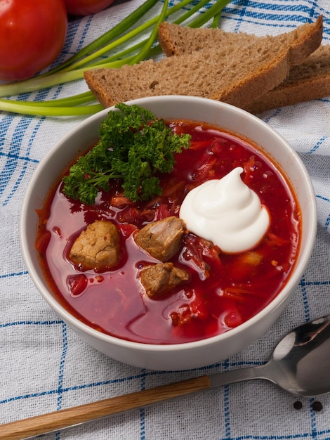 Borsjt is een traditionele Oekraïense soep met rundvlees Geserveerd met zure room