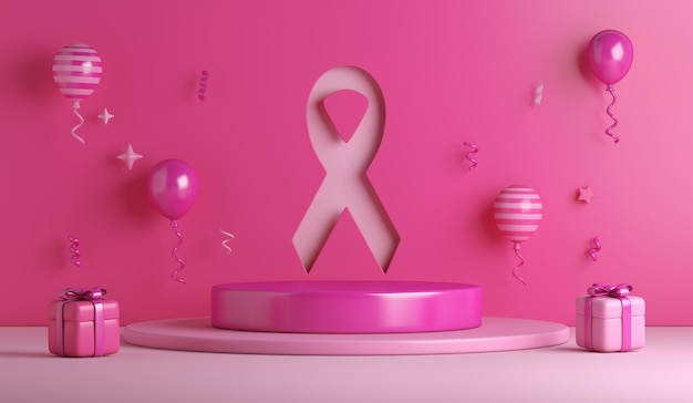 Foto borstkanker bewustzijn lint decoratie achtergrond met 3d-display podium geschenkdoos roze ballon