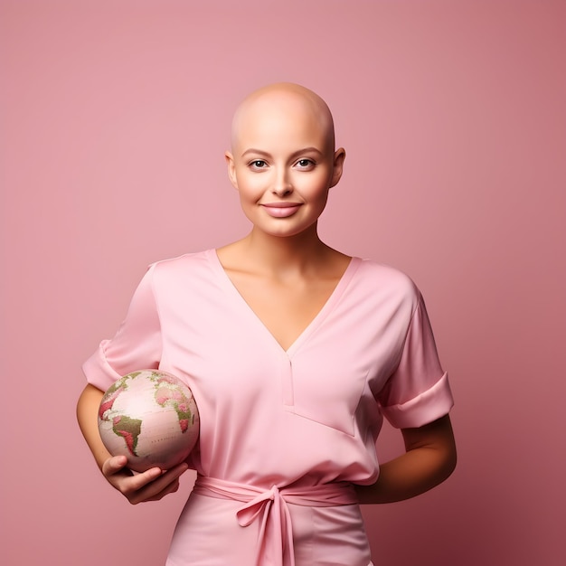 Borstkanker overlevende haarloze vrouw met aardbol voor Wereldkankerdag social media post